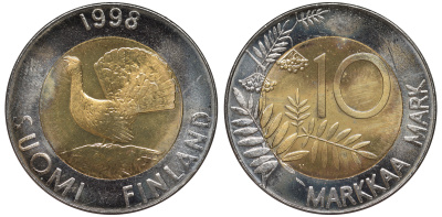 ФИНЛЯНДИЯ 10 МАРОК 1998 ГЛУХАРЬ KM 77 биметалл UNC 3334-844