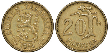 Финляндия 20 марок 1954 H, лев KM 39 алюминиевая бронза 4163-326