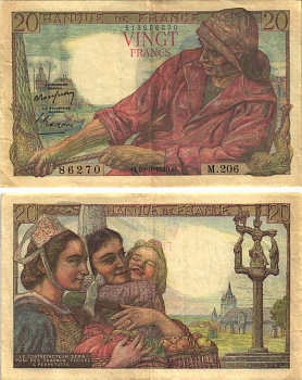 ФРАНЦИЯ 20 ФРАНКОВ 1949 10 МАРТА 1949, РЫБАК Pick 100с бумага VF 8589-38-2-1