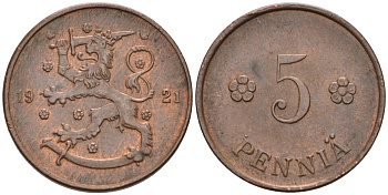 ФИНЛЯНДИЯ 5 ПЕННИ 1921 KM 22 медь 192-1244