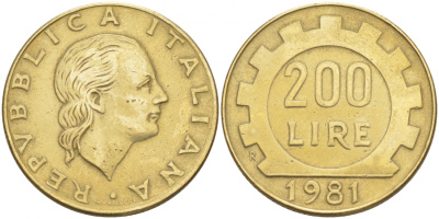 Италия 200 лир 1981 R, шестерня KM 105 алюминиевая бронза 186-222