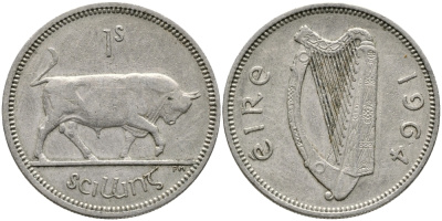 ИРЛАНДИЯ 1 ШИЛЛИНГ 1964 БЫК KM 14а медно-никель 28-831