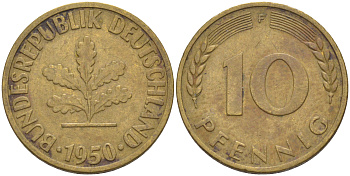 ФРГ 10 пфеннигов 1950 F KM 108, J. 383 сталь плакированная латунью 259-421