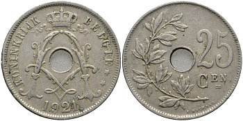 Бельгия 25 сантимов 1921 BELGIE KM 69 медно-никель 4171-646