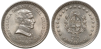 Уругвай 25 сентесимо 1960 KM 40 медно-никель 4169-939