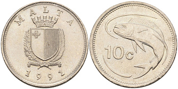 Мальта 10 центов 1991 золотая макрель KM 96 медно-никель 4588-217