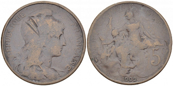 ФРАНЦИЯ 5 САНТИМОВ 1902 ТИП ДАНИЭЛЬ ДЮПЮИ KM 842, LE FRANC 119.12 бронза 77-243