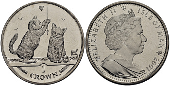 Остров Мэн 1 крона 2001 котята с веревкой КМ 1072 медно-никель UNC M92-12