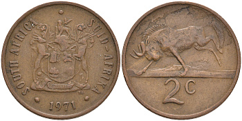 ЮАР 2 цента 1971 герб, антилопа гну KM 83 бронза 4561-616