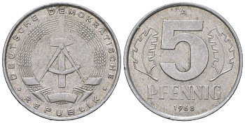 ГДР 5 пфеннигов 1968 A KM 9.1 алюминий 188-423