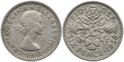 Великобритания 6 пенсов 1958 Елизавета II (1952-2022) KM 903, Spink 4149 медно-никель 4567-512