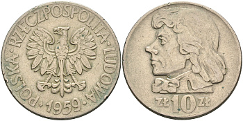 Польша 10 злотых 1959 MW, Тадеуш Костюшко, первый год KM 50 медно-никель    4149-134