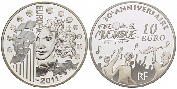 Франция 10 евро 2011 30 ая годовщина музыкального фестиваля KM 1790 серебро PROOF 05-099-13