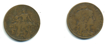 ФРАНЦИЯ 5 САНТИМОВ 1903 ТИП ДАНИЭЛЬ ДЮПЮИ KM 842, LE FRANC 119.13 бронза 84-541