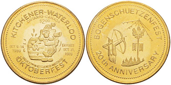 КАНАДА ЖЕТОН 1989 ОКТОБЕРФЕСТ, 20 ЛЕТ ФЕСТИВАЛЮ ЛУЧНИКОВ, KITCHENER-WATERLOO, БАВАРСКИЙ ФЕСТИВАЛЬ В КАНАДЕ (6-14 ОКТЯБРЯ), ДИАМЕТР 33 ММ. жёлтый металл 4527-932