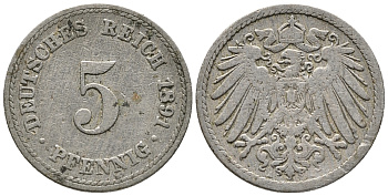 ГЕРМАНИЯ 5 ПФЕННИГОВ 1891 A KM 11, J. 12 медно-никель 39-642