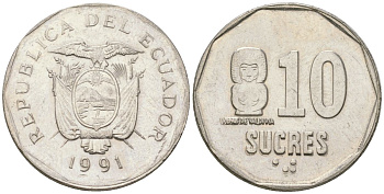 Эквадор 10 сукре 1991 KM 92 сталь плакированная никелем 4511-821