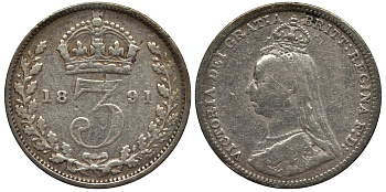Великобритания 3 пенса 1891 Виктория (1837-1901) KM 758, Spink 3931 серебро 4528-367