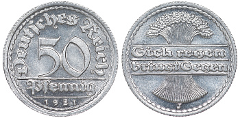 Германия 50 пфеннигов 1921 J KM 27, J. 301 алюминий aUNC 4114-856