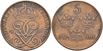 Швеция 5 эре 1942 Густав V (1907-1950), редкая KM 779.2 бронза 4557-645