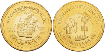 КАНАДА ЖЕТОН 1989 ОКТОБЕРФЕСТ, 20 ЛЕТ ФЕСТИВАЛЮ ЛУЧНИКОВ, KITCHENER-WATERLOO, БАВАРСКИЙ ФЕСТИВАЛЬ В КАНАДЕ (6-14 ОКТЯБРЯ), ДИАМЕТР 33 ММ. жёлтый металл 4527-932