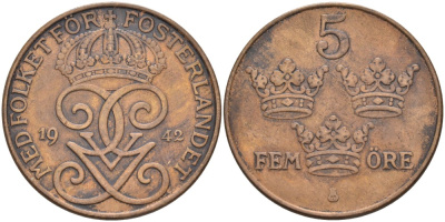 Швеция 5 эре 1942 Густав V (1907-1950), редкая KM 779.2 бронза 4557-645
