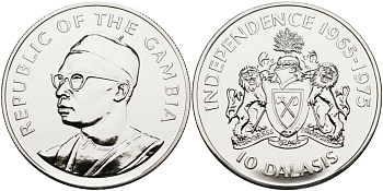 Гамбия 10 даласи 1975 10 лет независимости, тираж 50000 экз. KM 16 серебро UNC 1098-2-33