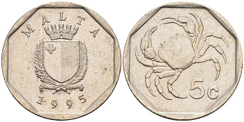 Мальта 5 центов 1993 краб KM 95 медно-никель 4588-123