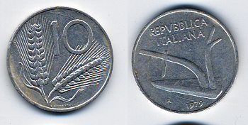 ИТАЛИЯ 10 ЛИР 1979 R, ПЛУГ, КОЛОСЬЯ KM 93 алюминий 62-2564