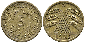 Германия 5 рейхспфеннигов 1925 A KM 39, J. 316, Weege 7 алюминиевая бронза 39-548