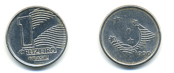 Бразилия 1 крузейро 1990 KM 617 нержавеющая сталь aUNC 93-751