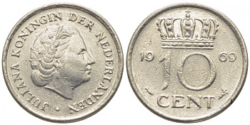 Нидерланды 10 центов 1969 Юлиана (1948-1980) KM 182 никель 112-343