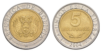 Боливия 5 боливиано 2004 KM 212 биметалл 4638-316