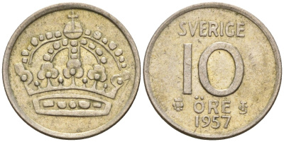 Швеция 10 эре 1957 Густав VI Адольф (1950-1973) KM 823 серебро 4585-348