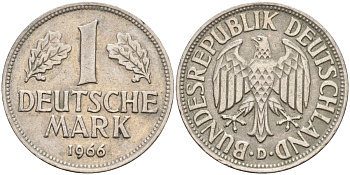 ФРГ 1 марка 1966 D KM 110, J. 385 медно-никель 4177-1113