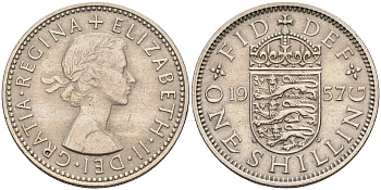 Великобритания 1 шиллинг 1957 Елизавета II (1952-2022), Английский герб KM 904, Spink 4147 медно-никель    4150-531