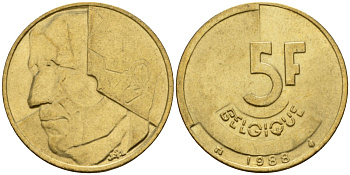 Бельгия 5 франков 1988 Belgique, Бодуэн I (1951-1993) KM 163 алюминиевая бронза 4601-214