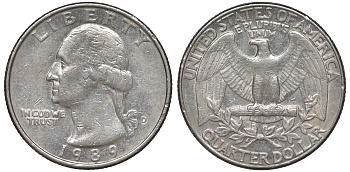 США 25 центов = квотер 1989 D, Вашингтон KM A164a медь плакированная медно-никелем 4556-1033