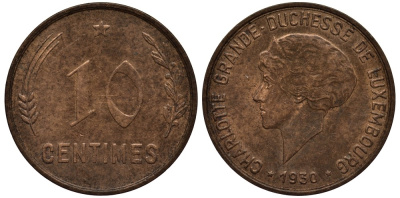 Люксембург 10 сантимов 1930 Шарлотта (1918-1964) KM 41 бронза 4538-735