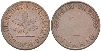 ФРГ 1 ПФЕННИГ 1950 J KM 105, J. 380 сталь плакированная медью 4181-534