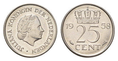 Нидерланды 25 центов 1958 Юлиана (1948-1980) KM 183 никель 4658-818