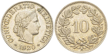 ШВЕЙЦАРИЯ 10 РАППЕНОВ 1920 В KM 27 медно-никель 4541-445