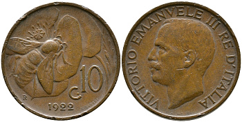 ИТАЛИЯ 10 ЧЕНТЕЗИМО 1922 R, ВИКТОРИО ЭМАНУИЛ III, ПЧЕЛА KM 60 медь 87-1237