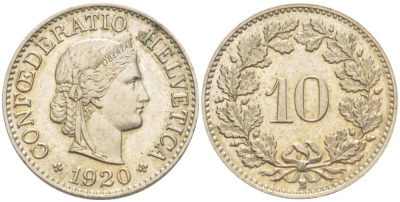 ШВЕЙЦАРИЯ 10 РАППЕНОВ 1920 В KM 27 медно-никель 4541-445
