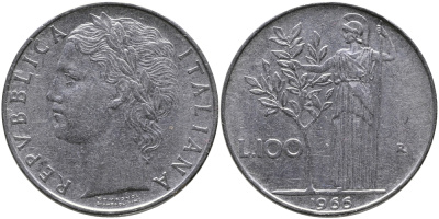 ИТАЛИЯ 100 ЛИР 1966 R, АФИНА KM 96.1 нержавеющая сталь 97-611