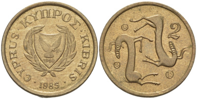 КИПР 2 ЦЕНТА 1985 КОЗЛЫ KM 54.2 никель латунь 66-416