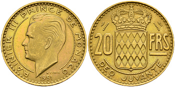 Монако 20 франков 1951 Ренье III (1949-2005) KM 131 алюминиевая бронза  aUNC 4595-227
