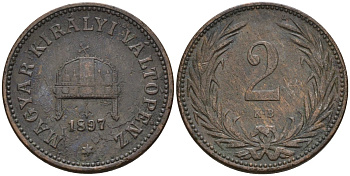 Венгрия 2 филлера 1897 KB, Франц Иосиф I (1848-1916) KM 481 бронза 4151-934