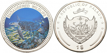 Палау 1 доллар 2008 серия вымирающие виды, морская черепаха Бисса, цветная эмаль KM 165 медно-никель PROOF M7-19