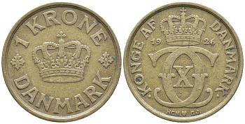 ДАНИЯ 1 КРОНА 1926 HCN ; GJ, КРИСТИАН X (1912-1947) KM 824.1 алюминиевая бронза 32-541